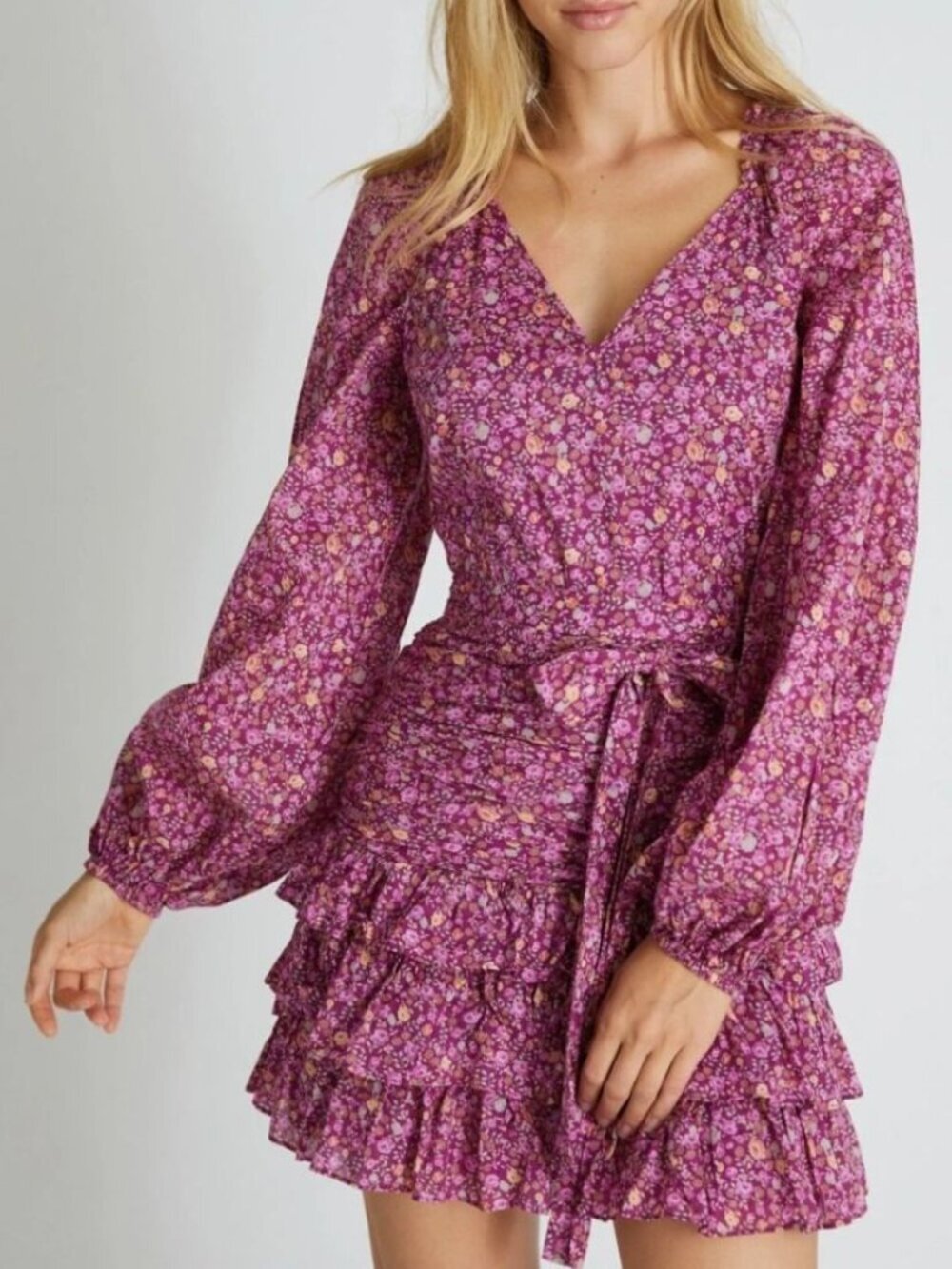LoveShackFancy Rina Mini Dress 4 Cherry Wine Floral Ruched Tiered Ruffle Cotton